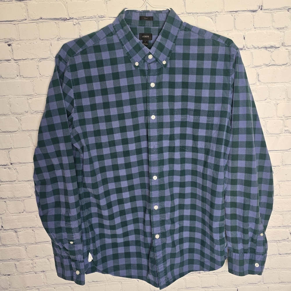 J. Crew 100% Cotton Blue and Green Slim Plaid Casual Shirt L